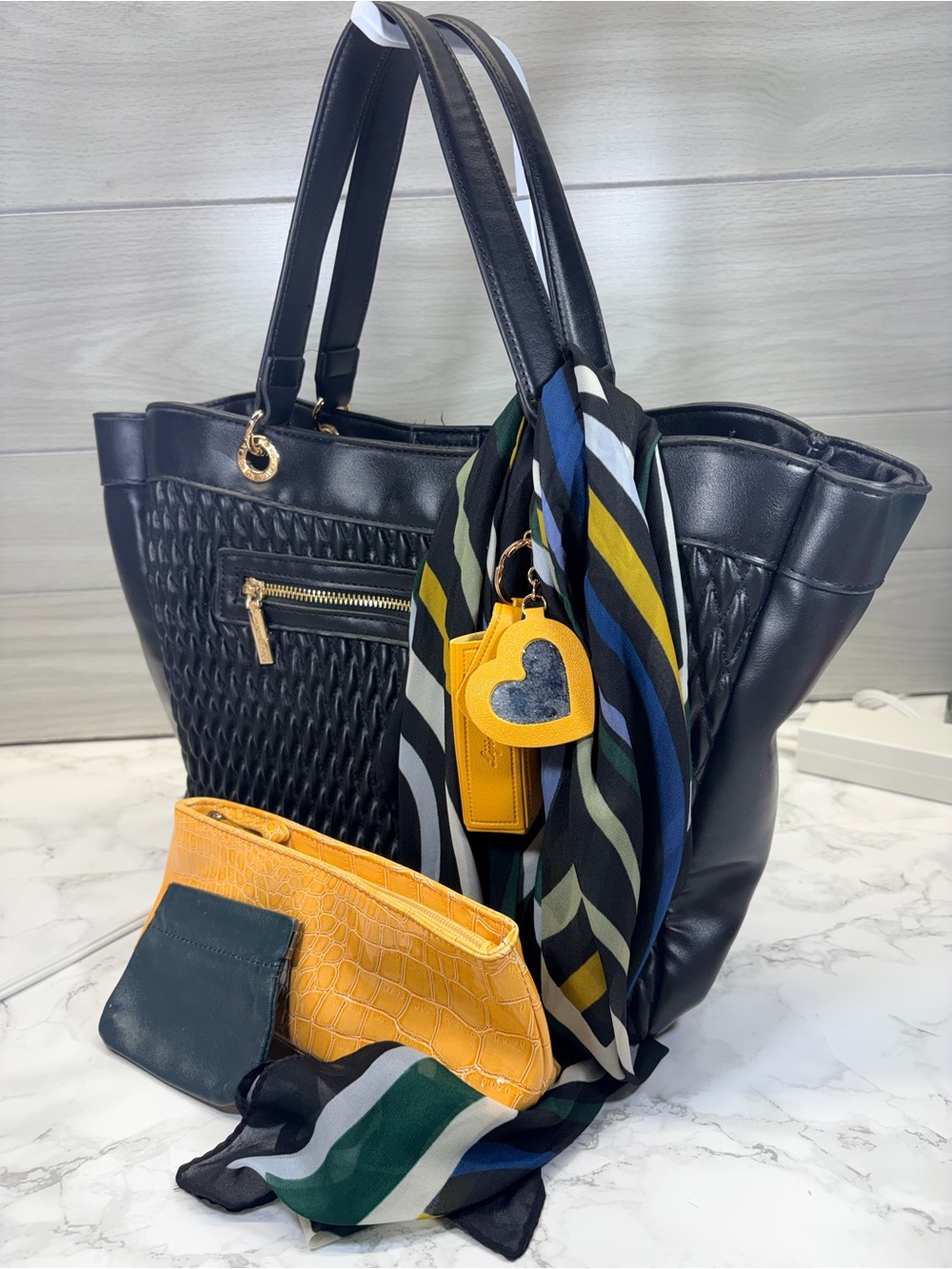 Anne Klein Black Woven Tote with Yellow Charm and Multicolor Scarf